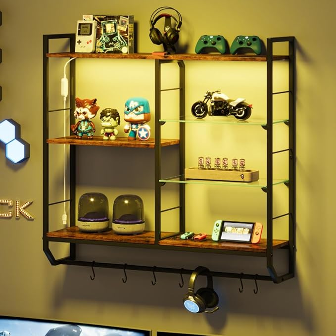 EYCOAL Gaming Floating Shelves, Wall Mounted Wooden Decor Display Shelf with 34" LED Lights and Adjustable Glass Bar Wine Shelf, Extra Hanging Hooks Storage for Gaming Room and Living Room