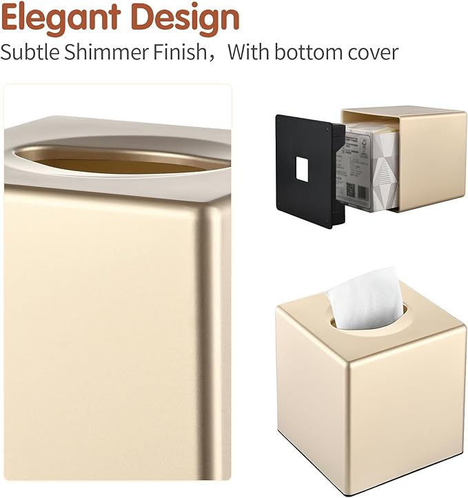 Y-in Hand Tissue Box Cover, Decorative Square Facial Storage Tissue Box Holder, Home Accessories for Bathroom Vanity Countertops, Dressers, Night Stand, Parlors and Office - Champagne Gold