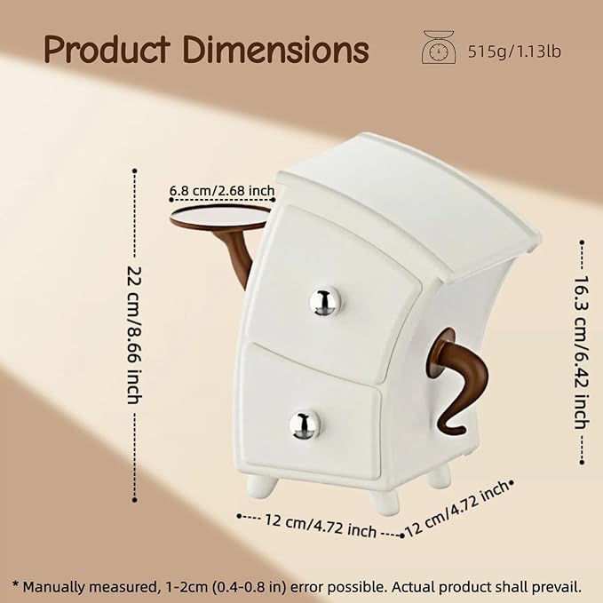 Cute Whimsical Desktop Organizer with 2 Drawers, Small Storage Box, Aesthetic Room Decor, Thick Smooth Plastic, 4.7×4.7×8.7 Inch, for Jewelry, Stationery, Accessories, Unique Gift for Women & Girls