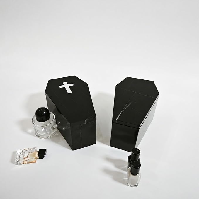 Gothic Coffin Organizer Box with/without Cross, Black Marble Storage Case for Makeup Brushes and Accessories (With Cross)