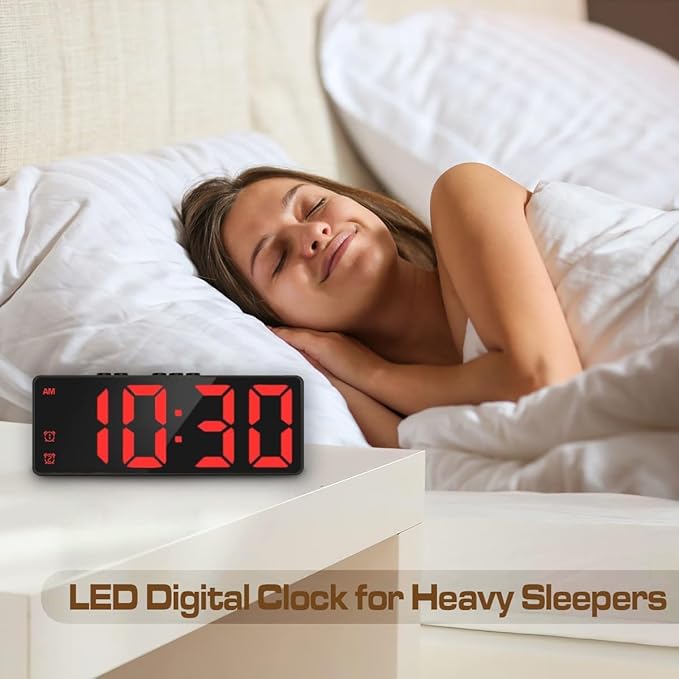 Digital Alarm Clock, Mirror Surface LED Electronic Clocks Large Display, Adjustable Brightness, Dual Power Supply, Snooze Model for Bedroom, Desk, Office (Black Case + Red Digit)