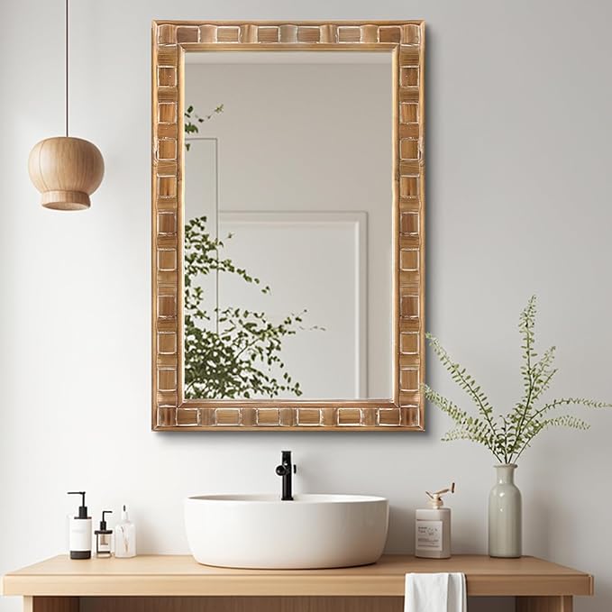 POZINO Rustic Wood Mirror, 24"X36" Farmhouse Bathroom Mirror for Over Sink, Natural Wooden Rectangle Wall Mirrors for Living Room Entryway Bedroom Hallway Fireplace, Horizontal Or Vertical