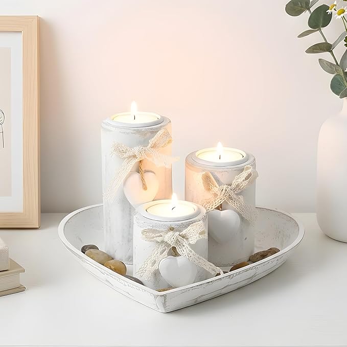Farmhouse Candle Holders 3 Pack Rustic Wooden Pillar Candle Holder with Heart Tray and Stones Tealight Candles Holders Centerpiece for Wedding Coffee Table Mothers Day Valentines Home Decor