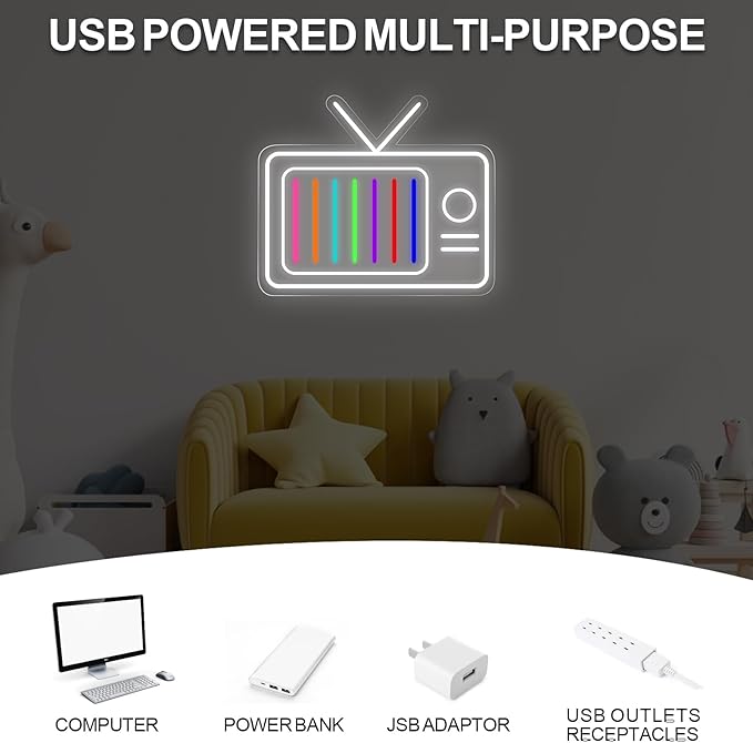 Retro TV Led Neon Sign - Vintage Old TV Set with TV Interference No Signal - Perfect Wall Décor for your 90s Theme Party, 13"x15.2"