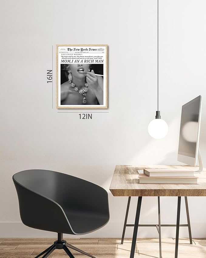 Bwodke OAK Wood Framed Wall Art Mom I Am a Rich Man Canvas Art Vintage Newspaper Pictures Wall Decor Trendy Prints Retro Artwork for Girly Dorm Bedroom 12"x16"
