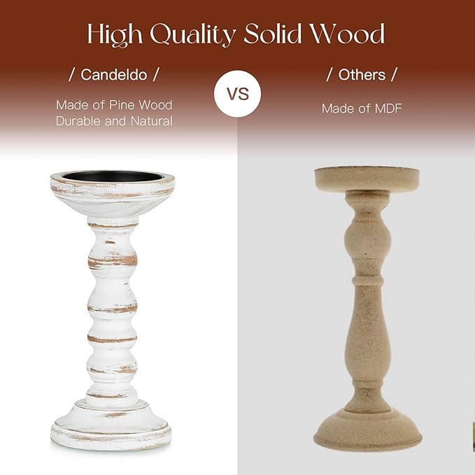 Candeldo Wood Candle Holders for Pillar: Rustic Candles Holder Set of 3 Tall Table Centerpiece Decor Wooden White Farmhouse Decorations for Fireplace Mantle