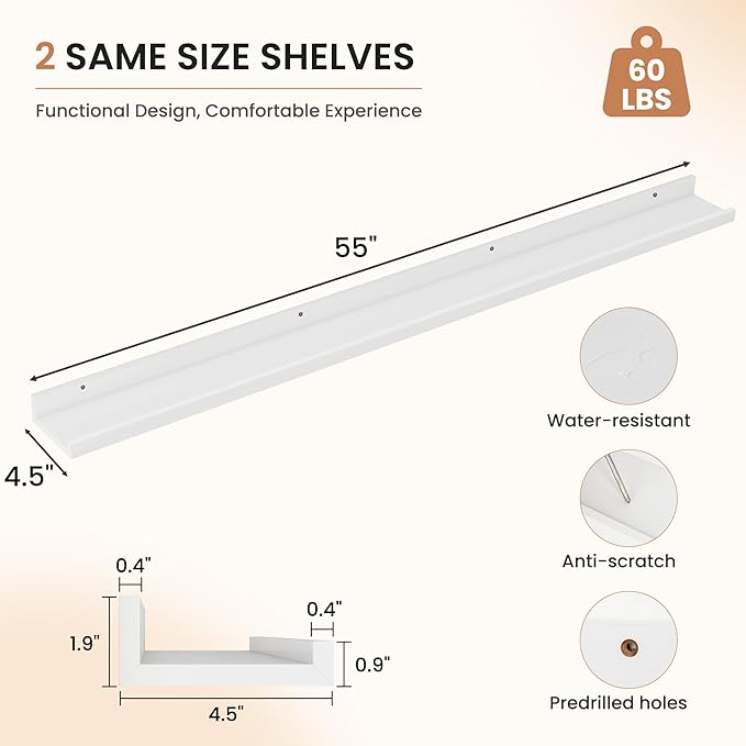 Dreamland Picture Ledge Shelf for Wall, Floating Shelves Set of 2,55 inch Long Floating Shelves with Lip for Living Room,Bedroom,Bathroom,Kitchen,White