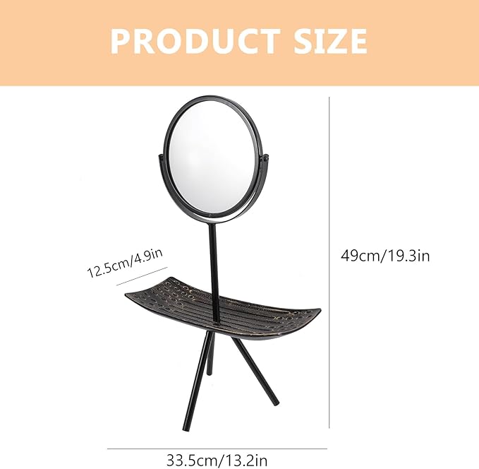 Vanity Mirror with Jewelry Tray, Tabletop Makeup Mirror for Bedroom, European Style Black Rectangular Rotating Cosmetic Organizer Tray for Women