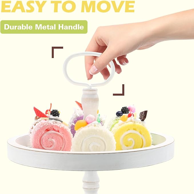 Wooden Two Tiered Tray Stand, Farmhouse Round 2 Tier Decorative Tray for Home Kitchen Table Decor, Serving Tray for Coffee Bar Party Weddding Holiday Decorations Fruits and Cupcake Display (White)