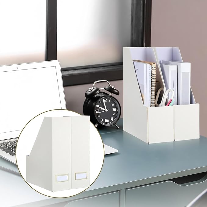 Gueevin Set of 6 Magazine File Holder Stylish Sturdy Cardboard File Boxes Desk Magazine Organizer Rack with Gold Label Holder to Organize Your Desk or Shelves for Home Classroom Office Library(Beige)