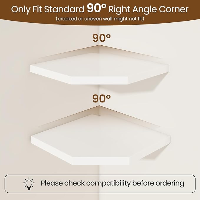 Fun Memories Corner Shelf Wall Mount, Solid Oak Wood Floating Corner Shelves with Cable Hole, 10in Rustic Design for Bedroom, Bathroom, Kitchen, Living Room (White, 1 Pack)