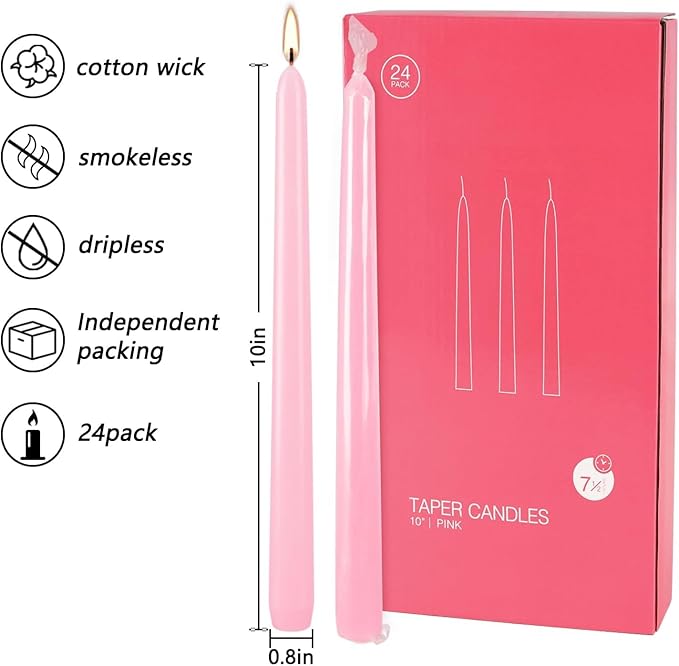 YOROXRG 24 Pack Pink Taper Candles, 7-8 Hours Burn Time, Unscented, Smokeless and Dripless, 0.75 x 10 Inch Dinner Candle Set for Valentine's Day,Household, Wedding, Party and Home Décor Candlesticks