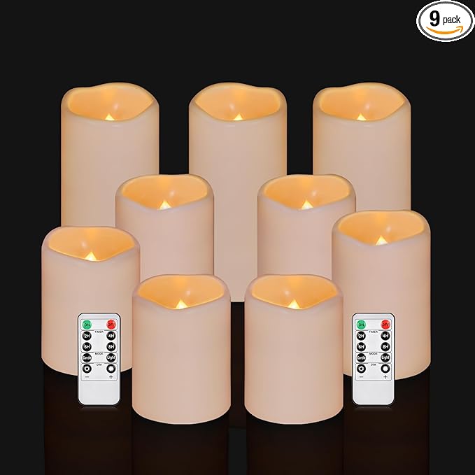 Artmarry Flameless Candles 4" 5" 6" Set of 9 Ivory Waterproof Pillars 3" Diameter Battery Operated Flickering Candles Include 10-Key Remote Timer Function 400+ Hours by 2 AA Batteries (9 Pack)