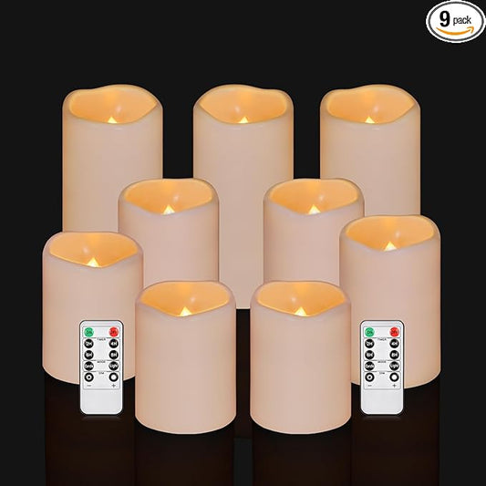 Artmarry Flameless Candles 4" 5" 6" Set of 9 Ivory Waterproof Pillars 3" Diameter Battery Operated Flickering Candles Include 10-Key Remote Timer Function 400+ Hours by 2 AA Batteries (9 Pack)