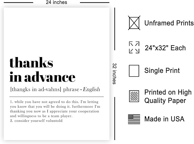 Poster Master Typography Poster - Retro Dictionary Print - Thanks in Advance Definition, Book Page, Funny - Gift for Colleague, Friend - Wall Decor for Home, Office, 24x32 Unframed Wall Art
