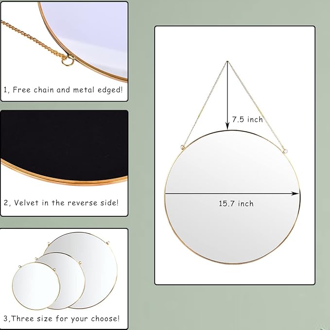 LONGWIN Hanging Wall Circle Mirror Decor Gold Geometric Mirror with Chain for Bathroom Bedroom Living Room 15.7"