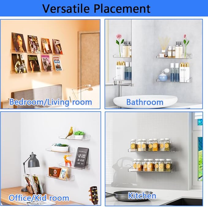 Acrylic Shelves for Bathroom Wall - No Drilling Shelf, Adhesive Wall Mounted Storage Organizer - Invisible Floating Shelves for Action Figures, Collectibles, Makeup, Perfume, Books, Room Decor (2PCS)