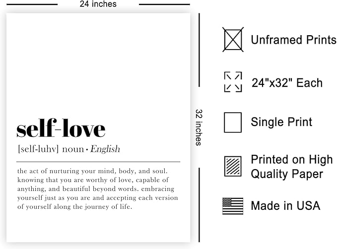 Poster Master Typography Poster - Dictionary Print - Self Love Definition, Nurturing your Mind and Soul, Worthy, Motivational - Gift for Family, Friend - Wall Decor for Home, 24x32 Unframed Wall Art