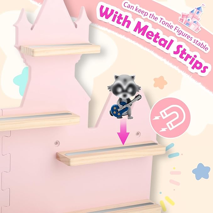 for Toniebox 2 and Toniebox 1 Tonie Shelf Wall Mounted Set,Tonies Figures Tonies Storage,Magnetic Wooden Floating Shelves Compatible with Tonie box Player Character for Children Room (pink-castles)