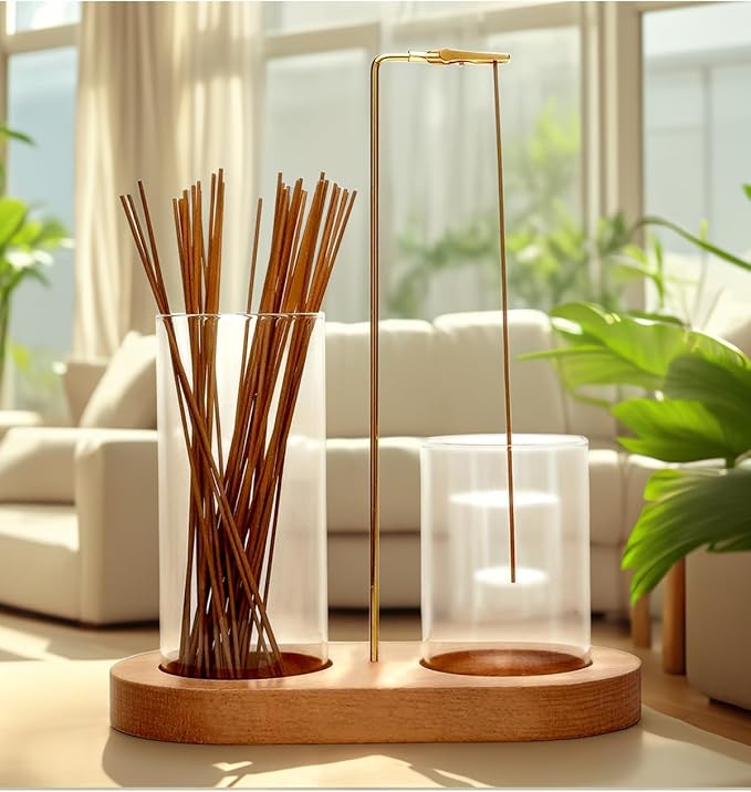 Glass Incense Holder for Sticks, Hang Upside Down Incense Burner with Storage & Ash Catcher, Anti-Ash 2 in 1, Comes with Brush & Greeting Card, Meditation Yoga Home Decor Gift