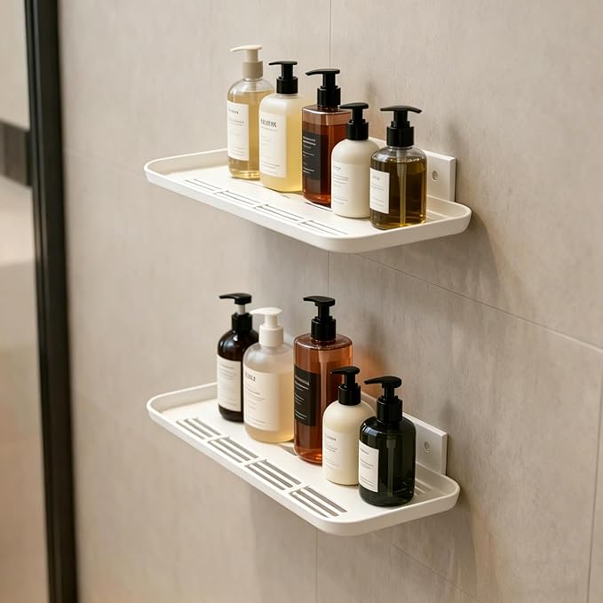 Wall Mounted Floating Shelf, Self Adhesive Shelf, No Drill Adhesive Wall Shelf, Floating Shelves Damage-Free Expand Walls Space for Living Room Kitchen Bathroom (2, White)