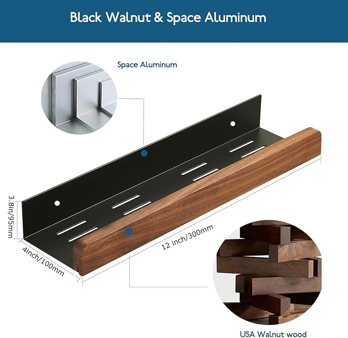 Small Bathroom Shelf Wall Mounted Organizer, Rustic Farmhouse Walnut Solid Wood Floating Corner Shelf with Border for Kitchen Bedroom Laundry Room