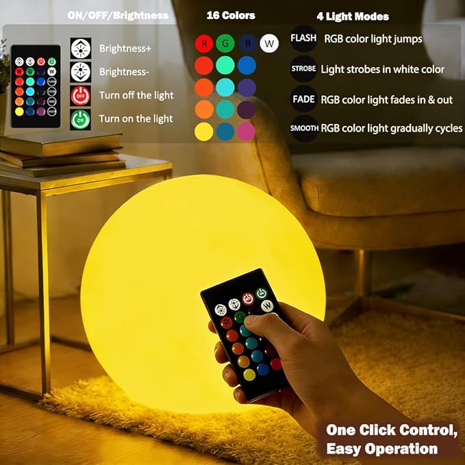 20 inch Large LED Globe Ball Light, Rechargeable LED Orb Light, Dimmable 16 RGB Colors Globe Floor Lamp w/Remote, Indoor/Outdoor Waterproof Glowing Globe Mood Lamp for Home Garden Patio Party