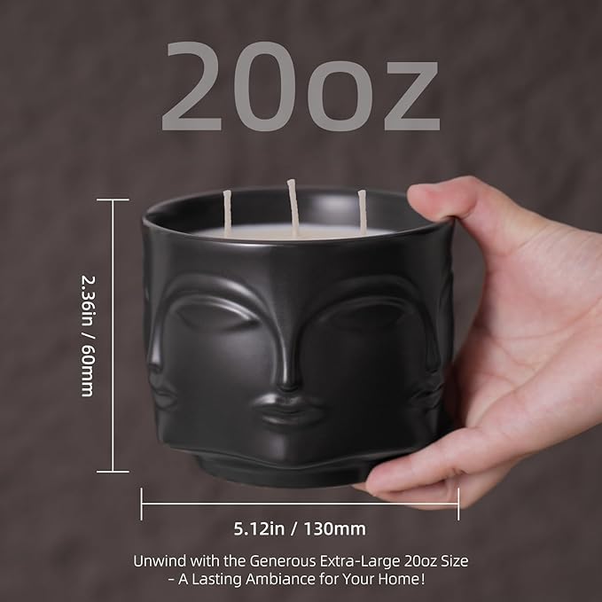 Viyffo 20oz Large Black Scented Candle - Spring Forest & Green Tea, 3 Wick Non Toxic Soy Candle for Women & Men, Unique Funny Matte Ceramic Jar, Luxury Home Fragrance, Décor & Premium Birthday Gift