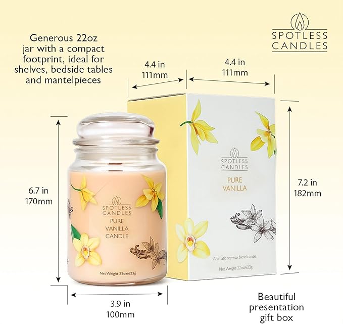 Pure Vanilla Scented Candle 22oz – 80-85 Hour Burn Time, Wooden Wick, Large Glass Jar with Lid, Warm Cozy Fragrance for Home Relaxation & Gift by Spotless Leopard