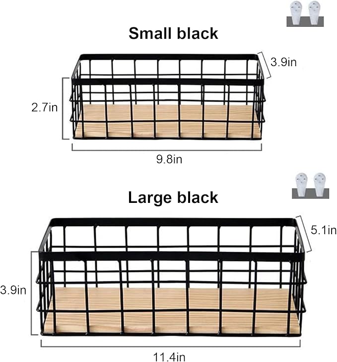 Basket Wallmount Metal Wire Storage Basket- 2 Pack with Wooden Chassis, Decorative Organizer Storage Tray for Hanging in Entryway, Mudroom, Bedroom, Bathroom, Laundry Room