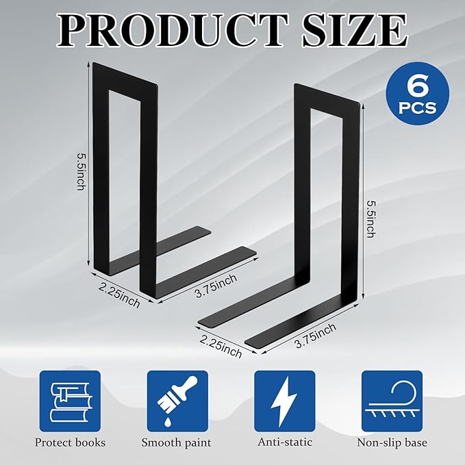 Chunful 6 Pcs Modern Metal Book Ends for Shelves Decorative Small Bookends Book Shelf Organizer Minimalist Design Stopper to Hold Books for Office (Square)