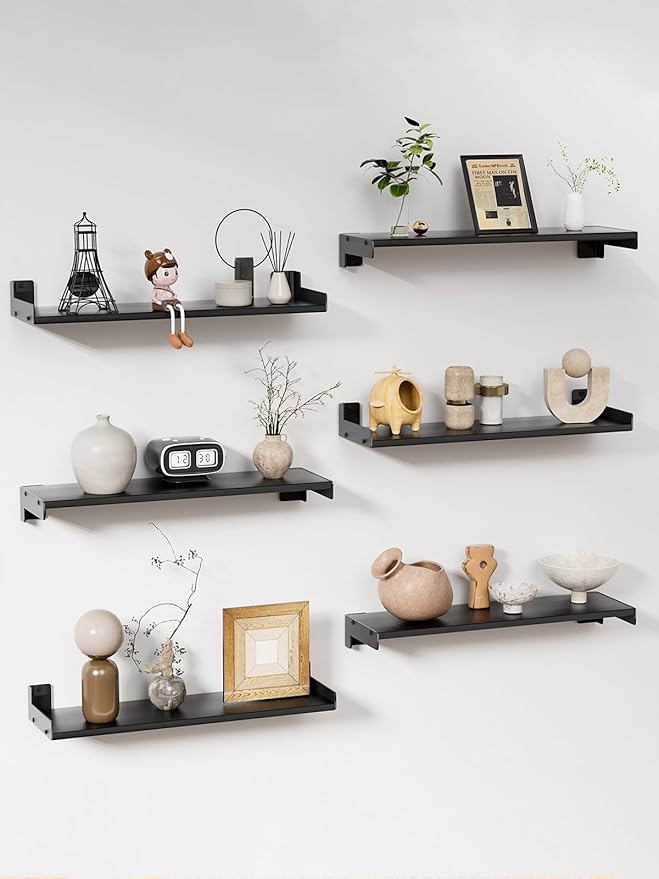 Floating Shelves for Wall, Shelves for Decor Storage Set of 6, Wall Mounted Wood Shelf for Bedroom, Living Room, Bathroom, Kitchen,Long Picture Ledge Shelves.(Black)