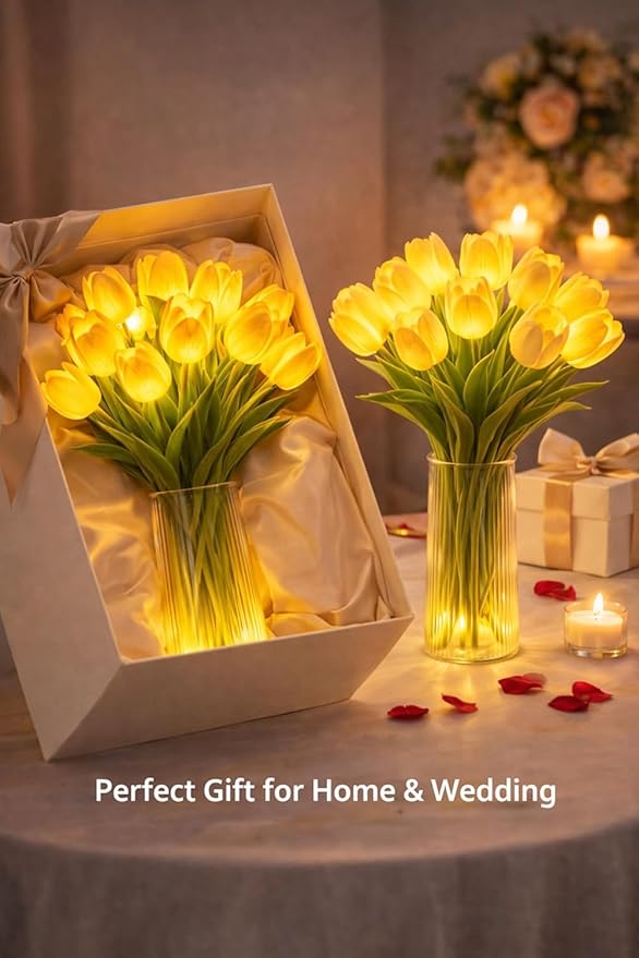 Radiant Romantic Tulip Light with a Vase, 15 PCS Twinkling Tree Tulips Led Night Light that Never Fade, Flower Shaped Ambient Night Lamp for Bedroom Bedside Decor & Gift (Pink)