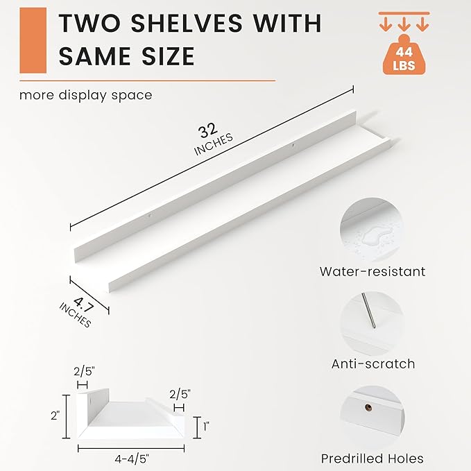 FLYJOE Picture Ledge Shelf, Floating Shelves Set of 2, 32 Inches Nursery Book Shelves for Toys Storage, Kids Bookshelf Wall Mounted for Living Room Bedroom Decor Books Photo Frames, White