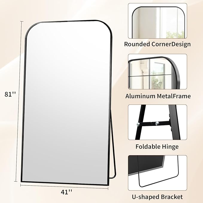 Full Length Mirror 81"x41" Arched Floor Standing Large Mirrors Full Body Mirror with Stand - with Aluminum Frame for Bedroom Living Room, Black