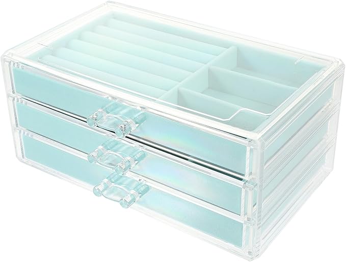 Beaupretty 3-drawer Blue Acrylic Jewelry Organizer Box Multi-layer Makeup Storage Case with Earring and Ring Compartments for Women’s Travel and Home Use