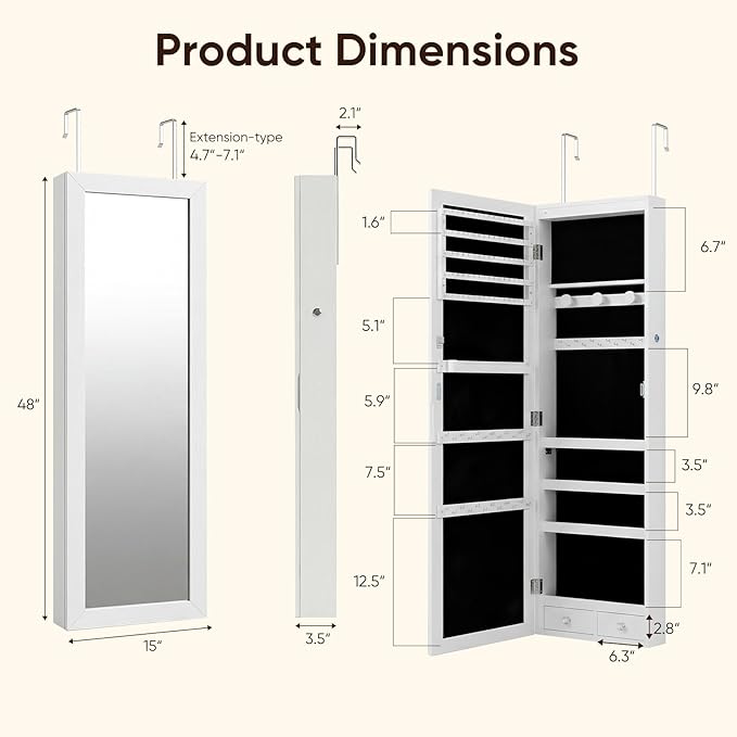Antok 6 LEDs Jewelry Cabinet with Lock, 48" Full Length Mirror Wall Mounted or Over The Door Jewelry Organizer, Large Capacity Storage for Bedroom&Cloakroom&Entryway, Gift for Women, White
