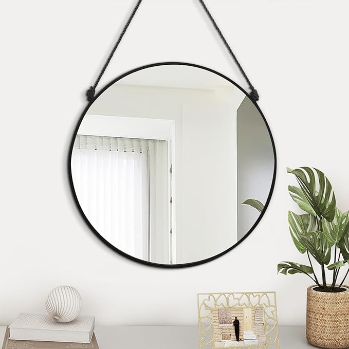Circle Hanging Wall Mirror - Black Round Mirror, 16 Inch, Modern Home Decor for Bathroom, Living Room, Bedroom, Entryway, Hallway, Washroom, Dorm