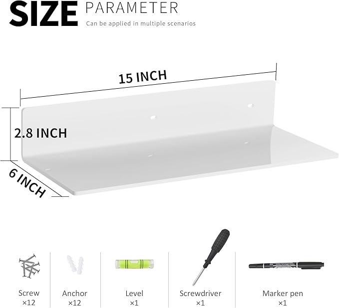 12 Inches White Acrylic Wall Shelves Set of 4, Wall Mounted Shelves Moel Car, Candle, Calendar, Towel, Tissue, Doll, 2 Pack