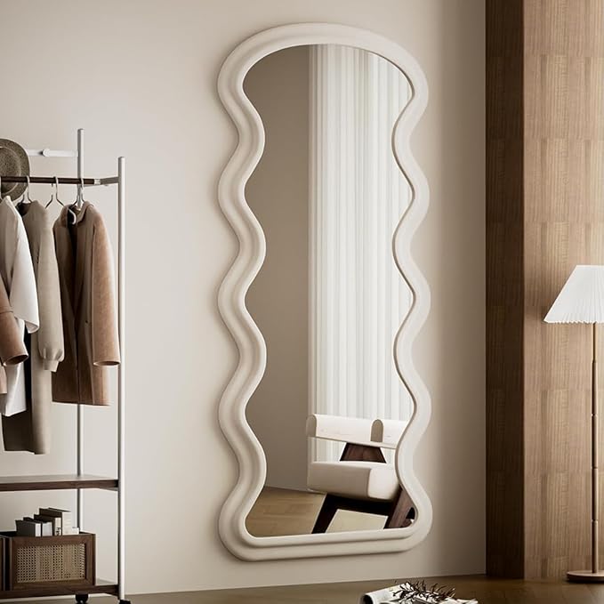 Koonmi 71"x32" Wavy Mirror Full Length, Flannel Floor Mirror, Large Floor Standing Mirror Wall Mounted with Flannel Wrapped Frame for Bedroom & Living Room, White