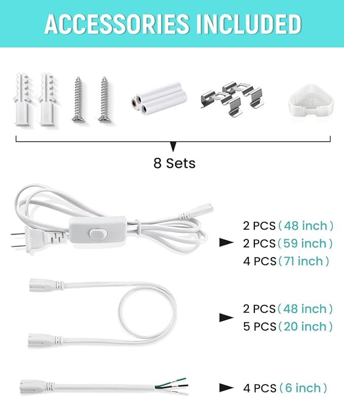 (8 Pack) Upgraded 4FT T5 LED Integrated Fixture, 6500K,20W,2300LM(Super Bright White) Linkable LED Shop Light,Garage Ceiling and Cabinet Light,Strip Light,Corded Electric with ON/Off Switch