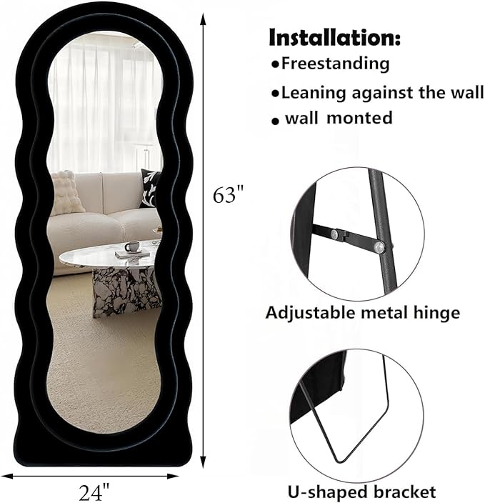 Dewfig Wavy Full Length Mirror with Stand, 63" x 24" Irregular Floor Mirror, Large Floor Length Mirror, Freestanding/Leaning/Wall Mounted, Flannel Wrapped Wooden Frame for Bedroom/Living Room, Black