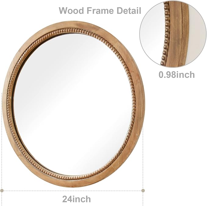 sawsile Round Wood Mirror,28 inch Circle Rustic Farmhouse Natural Wooden Frame Boho Beads Wall Mirror for Bathroom,Living Room,Bedroom or Entryway