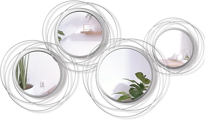 Hicarer 4 Pcs Decorative Wall Mirror Round Modern Mirror Circle Mirror Wall Art Ring Metal Mirror Wall Decor Wall Mounted Mirror for Bedroom Living Room Entryway Dining Room Hallway (Silver)