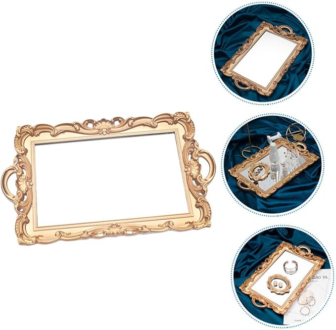 GALPADA European Vintage Mirror Tray Makeup Organizer Perfume Storage Plate Gold Rectangular Decorative Vanity Tray for Home Décor and Photography Display