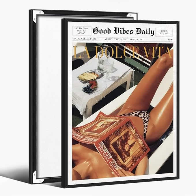 Trendy Newspaper Posters Vintage Good Vibes Daily Wall Art 60s La Dolce Vita Poster Beach Vibe Funky Aesthetic Retro Trippy Art Canvas Prints for Cool Girl Room Home Dorm Decor 12x16inch black framed