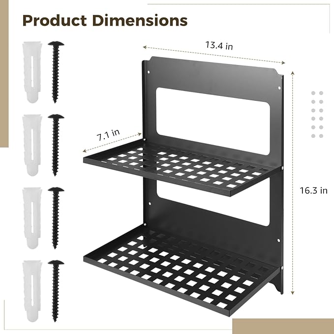 OMISTAR 2-Tier Folding Metal Wall Shelf, Foldable Wall-Mounted Rack, Space-Saving Double-Layer Shelf, Black Iron Floating Shelf for Kitchen, Bathroom, Laundry, Easy Installation with Screws (Black)