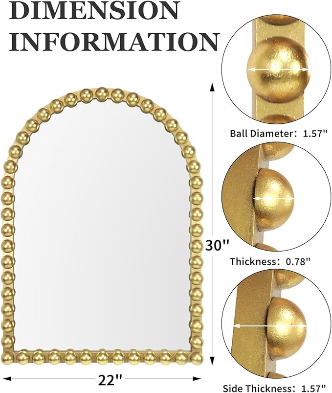 Gold Beaded Arched Wall Mirror 22x30 Inch, Vintage Decorative Arch Mirror with Beaded Frame, Accent Mirror for Entryway, Bathroom, Living Room, Bedroom, Fireplace