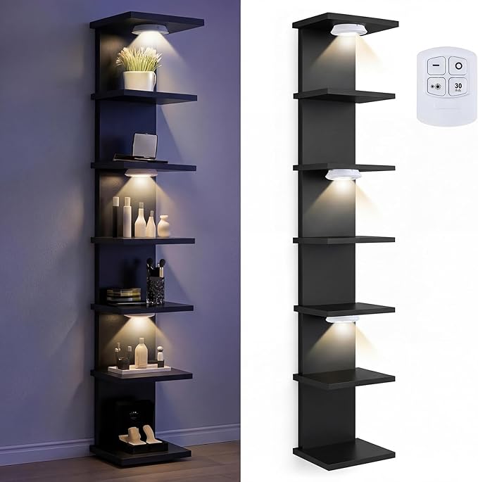 Pinkunn 2 Pack 7-Tier LED Floating Wall Shelf with Remote, 77in Tall Adjustable Lighting Wall Shelf Unit, Vertical Storage Display Organizer Floating Rack for Bedroom, Living Room, No Battery(Black)