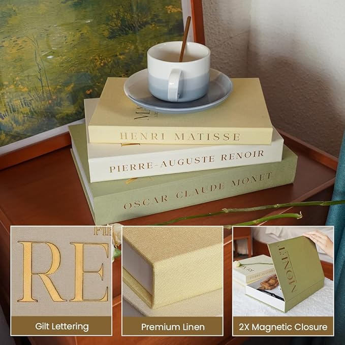 Aesthetic Decorative Books - Set of 3 Linen Fake Books Enhance Your Coffee Table, Home Decor, Living Room, Bookshelf or Mantle Decor, Modern Stackable Faux Book Photo Storage and as a Keepsake Box